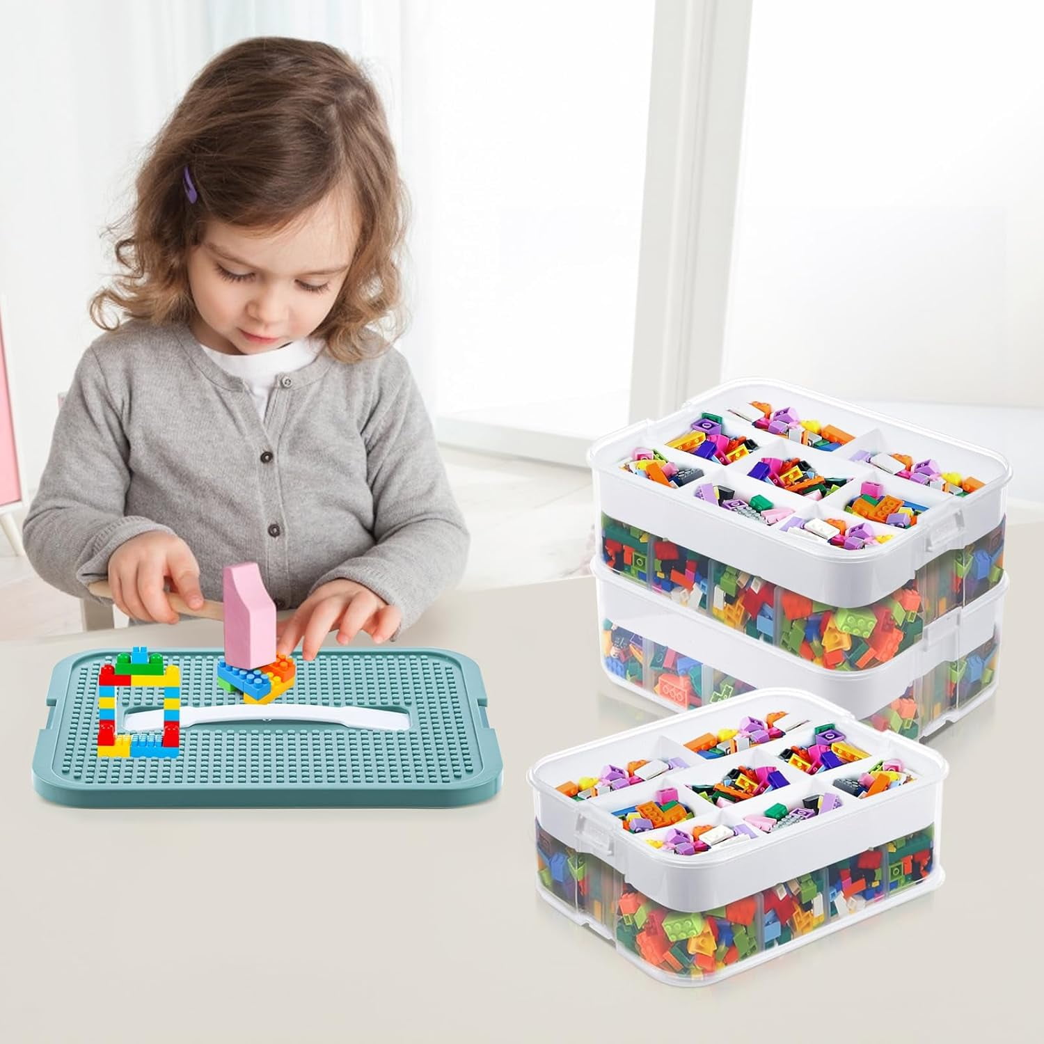 Plastic Storage Boxes Compatible with Lego Storage Organizer, Stackable Toys Organizer Clear Compartment Craft Containers for Building Blocks Bricks Puzzle Board Organizer Accessories, 3 Layer