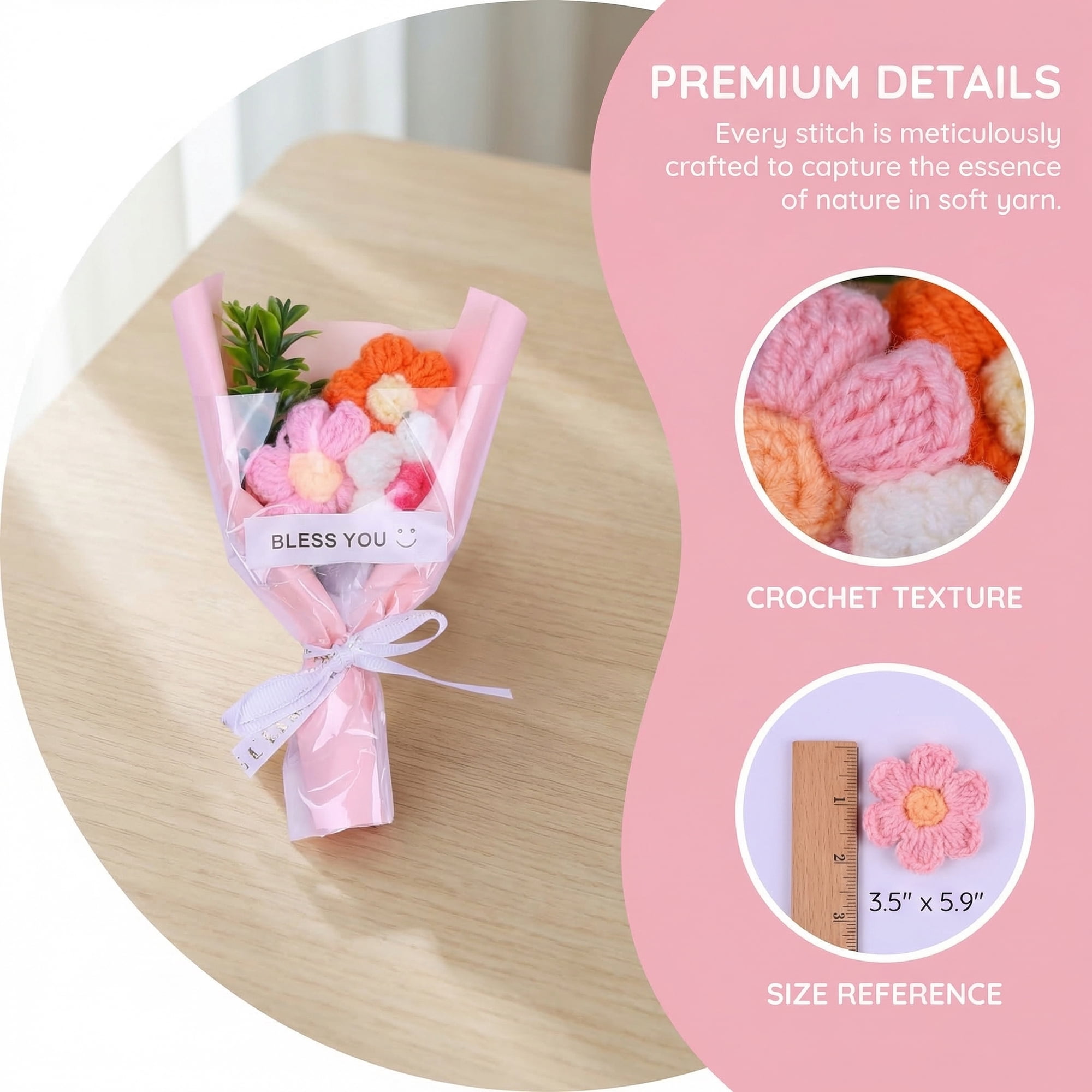 Unique Bargains 4Pcs Handmade Crochet Potted Flowers Knitted Bouquet Pink Red 5.9in