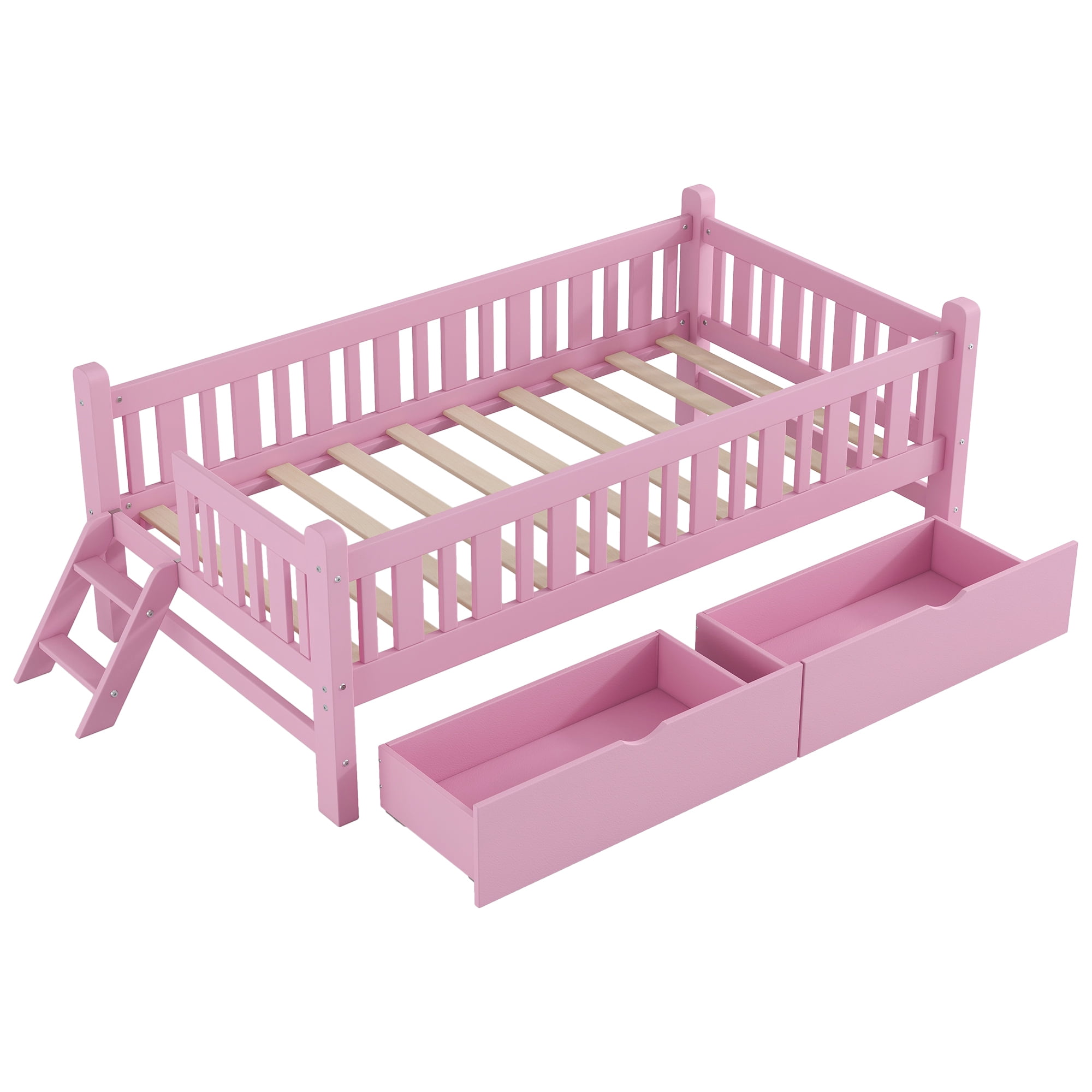 Euroco Wood Twin Size Platform Bed with 2 Drawers and Ladder for Kids and Toddlers, Pink