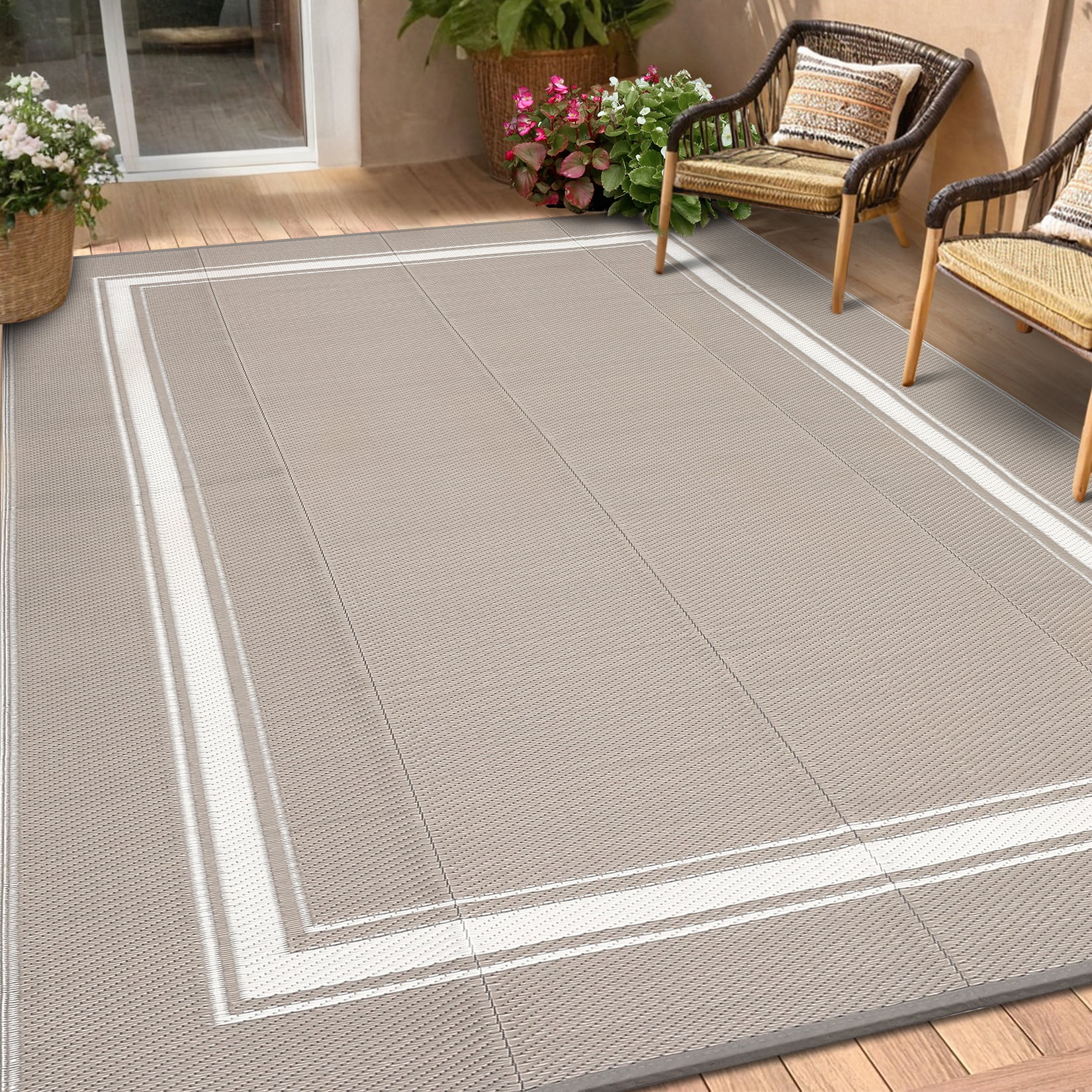 Outdoor Plastic Straw Rug 8x10 Waterproof Reversible Bordered Minimalist Patio Rug Indoor Outdoor Carpet with 4 Stakes and Storage Bag Outdoor Mat RV Mat for Deck Backyard Patio RV Camping Beach