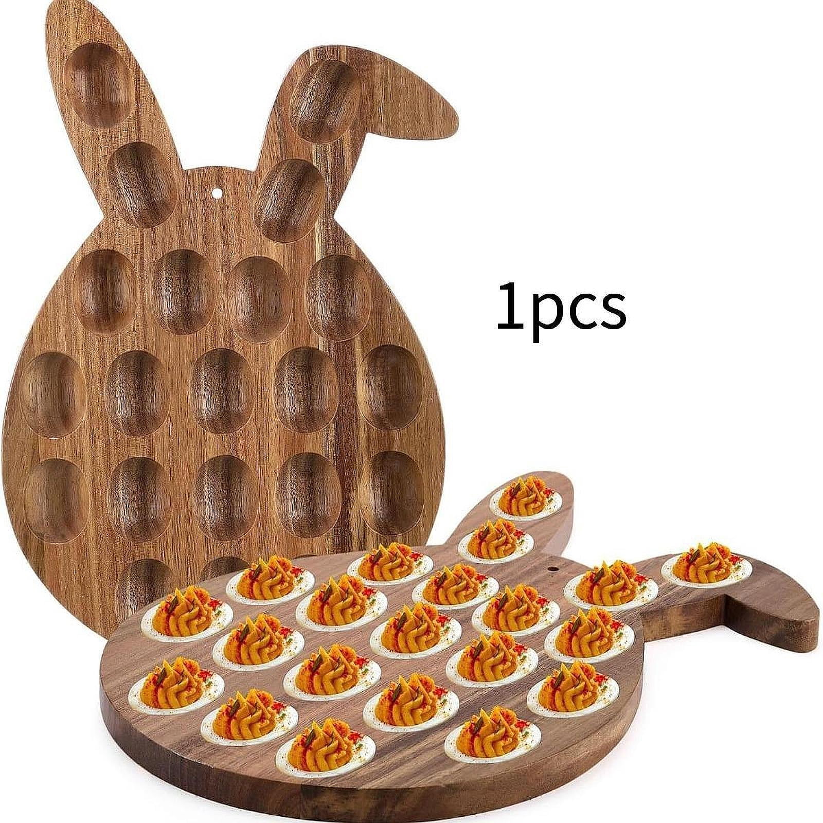 Baoblaze Festive Deviled Egg Platter with Bunny Design Wooden Egg Holder Serving Tray for