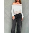 thumbnail image 2 of Women's Summer Off Shoulder Tops Sheer Lace Patchwork Long Sleeve Asymmetric Hem Slim Crop T-Shirts, 2 of 6