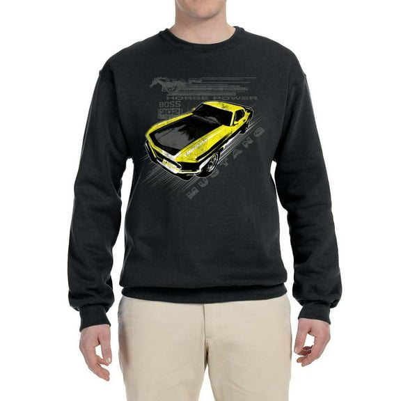 Wild Bobby, Ford Boss 302 Mustang Horse Power Retro, Cars and Trucks, Unisex Crewneck Graphic Sweatshirt, Black, Small