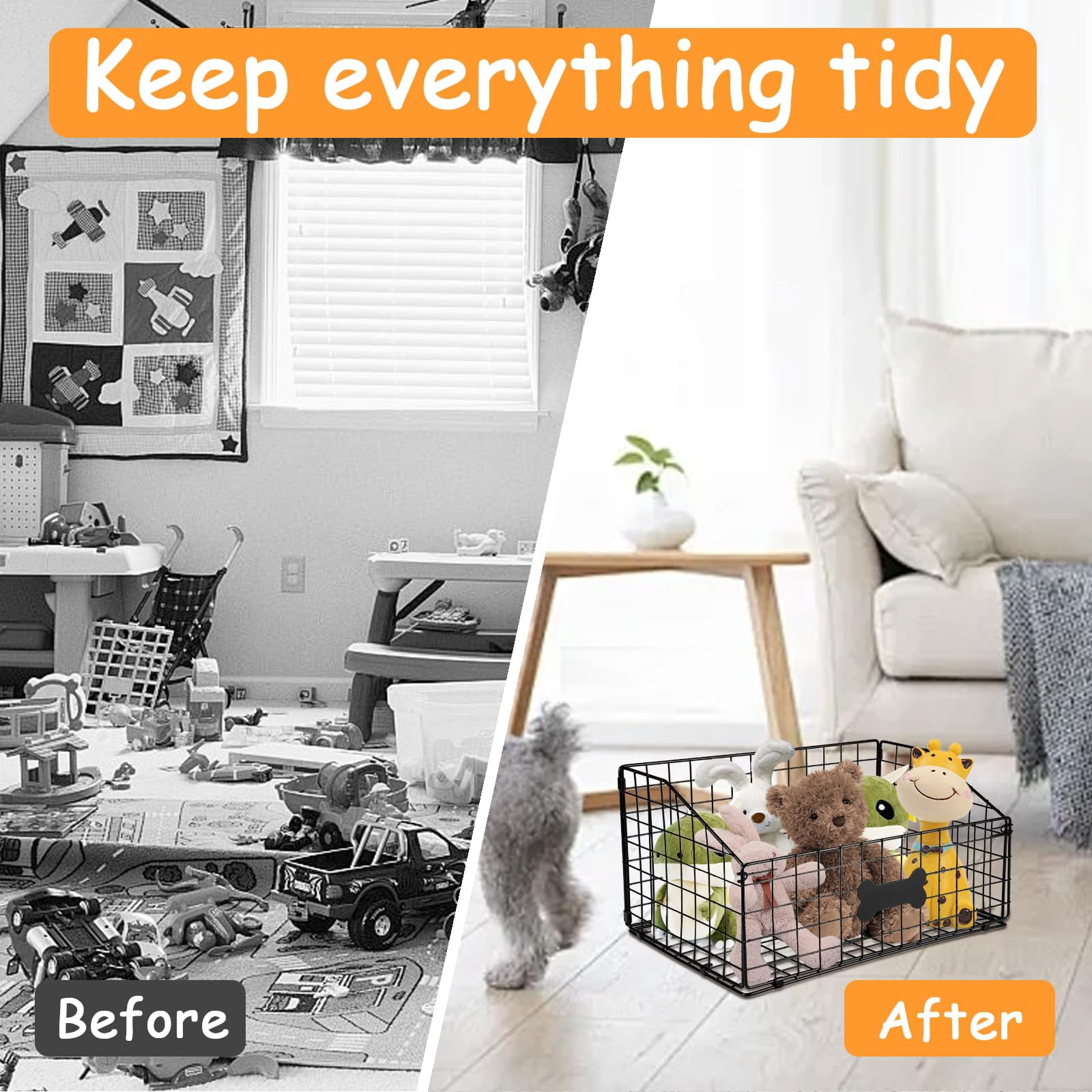 Black Metal Dog Storage Basket For Pet Toys, Food And Living Room Organization