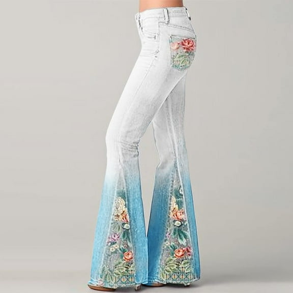 Gradient Bell Bottom Jeans For Women Trendy Stretch Flared Floral Embroidered Jean Wide Leg Denim Pants Blue M