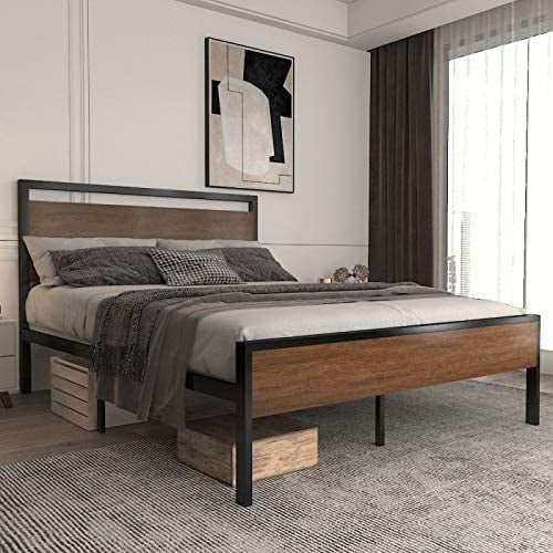 Allewie Walnut Full Size Platform Bed, Wood And Metal Full Size Headboards