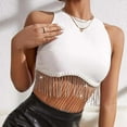thumbnail image 3 of DuoJiaJ Sexy Solid Color Rhinestone Fringe Crop Top Sleeveless Neck Tank Top Women’s High-Neck Workout Tops White, 3 of 5