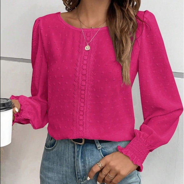 RXIRUCGD Haut/chemise Décontracté pour Femmes, Couleur Unie, Patchwork en Dentelle, Manches Longues, Col Rond, Rouge, Taille : 2TG