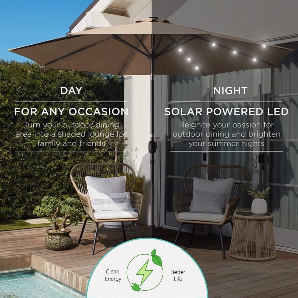 Abble 9ft Solar LED Lighted Patio Umbrella, Table Market Umbrella, Outdoor Umbrella for Garden, Deck, Backyard, Pool and Beach