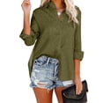 thumbnail image 1 of Blusa de jacquard de satén con cuello en V para mujer, blusa holgada informal con cuello vuelto y cierre de botones, blusas de manga larga, camisa verde S, 1 of 6