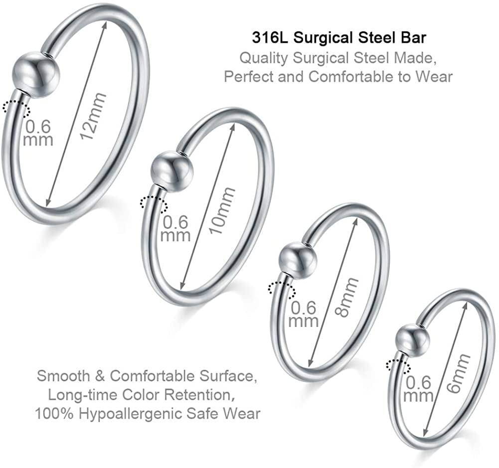 SCERRING 12-27PCS 22G Stainless Steel Fake Nose Septum Hoop Rings Lip Helix Cartilage Tragus Ear Ring Piercing 6-10mm 