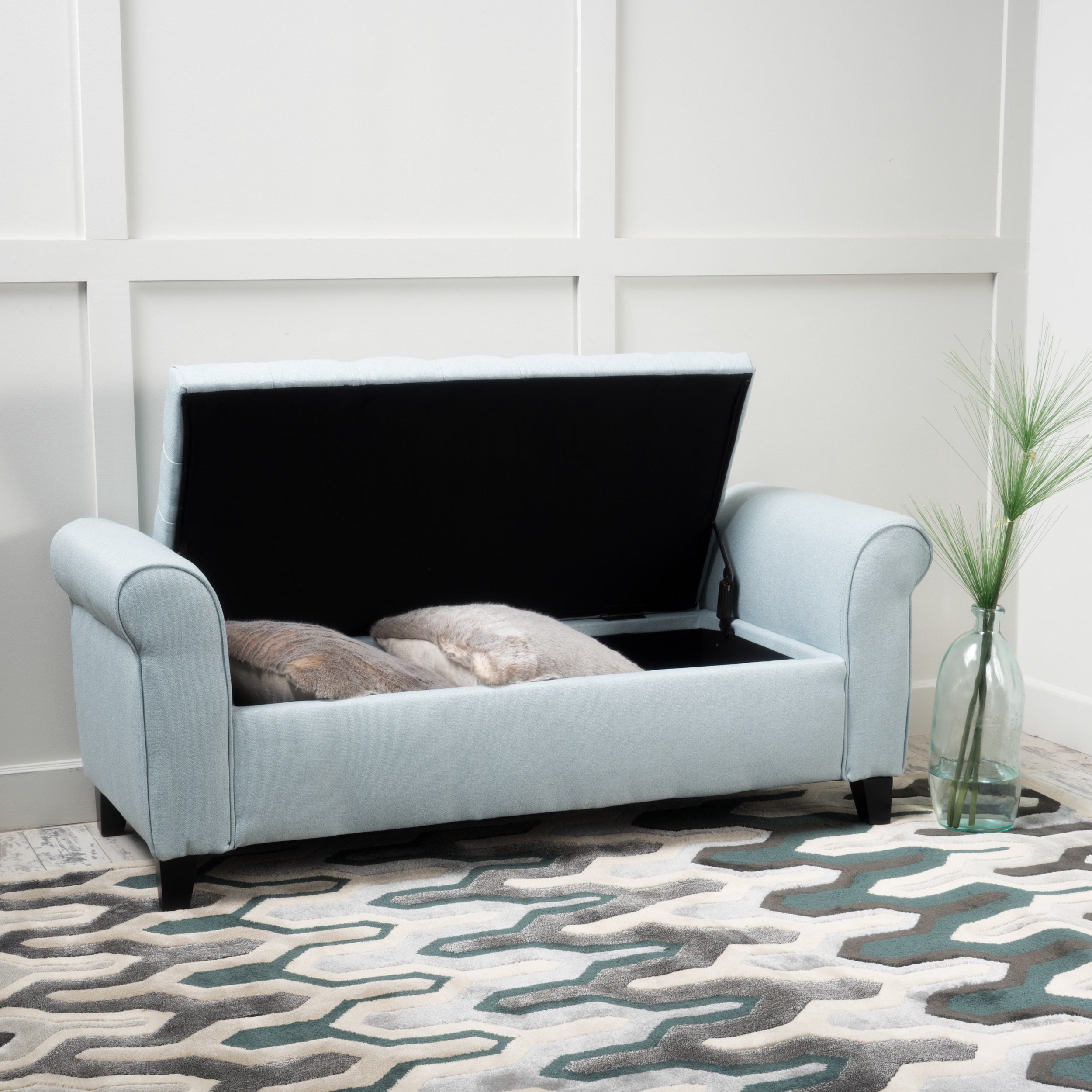 Noble House Sheffield Contemporary Rolled Arm Fabric Storage Ottoman Bench, Light Sky and Dark Brown