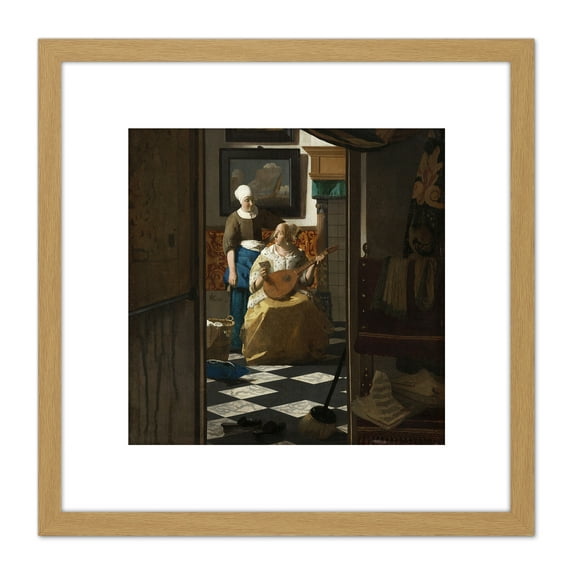Johannes Vermeer De Liefdesbrief 8X8 Inch Square Wooden Framed Wall Art Print Picture with Mount