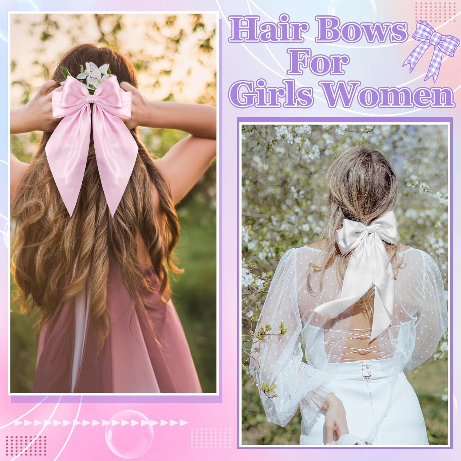 Satin Bow Hair Ribbon - Long Tail Bow Hair Clips in Pink, White, Blue, Purple