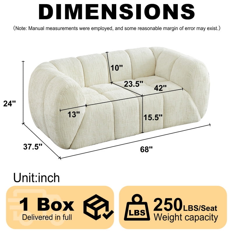 68''W Pure Foam Boneless No Assembly Floor Armrest Sofa, Chenille Modern Loveseat, Deep Seat 2-Seater Upholstered Couch