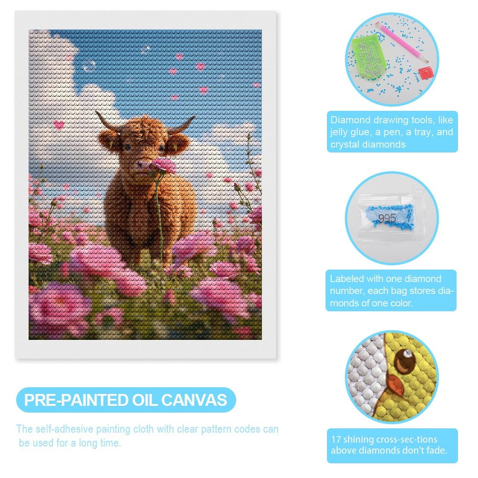 Diamond Art Kits for Adults, Cow In Pink Flower Meadow 5D Diamond Painting Kits for Adults Beginners, DIY Full Drill Diamond Painting, Gem Art and Crafts 12x16