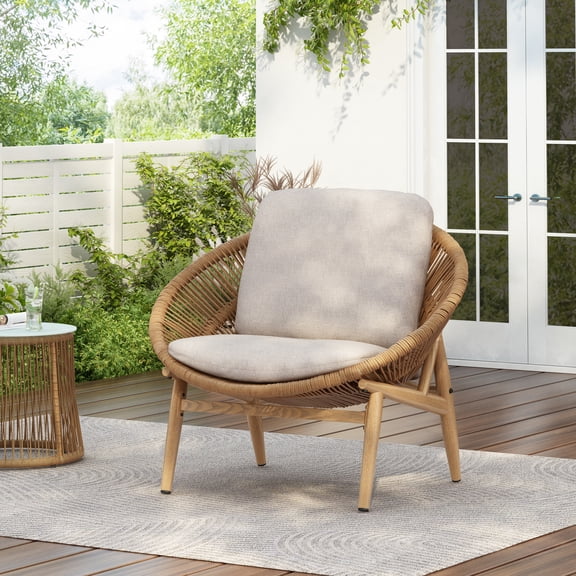 Christopher Knight Home Outdoor Rattan Lounge Chair with Removable Beige Cushions, Light Brwon