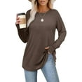 thumbnail image 5 of YEJIMAN Brown Womens Shirts, Polyester,Spandex Cute T Shirts, Women's Tunic Tops to Wear with Leggings Long Sleeve Thumb Hole Shirts Crew Neck Curved Hem, 5 of 7
