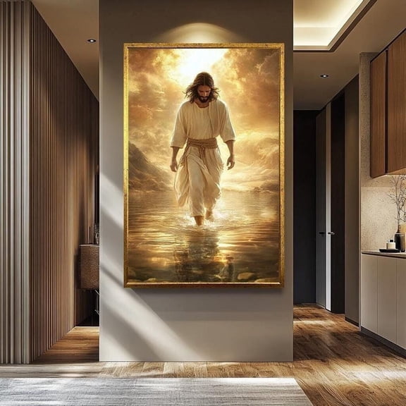 Jesus Walking On Water Wall Art Religious Golden Light Christian Inspirational Decor Home Print, Unframed Paper Poster 8x10in