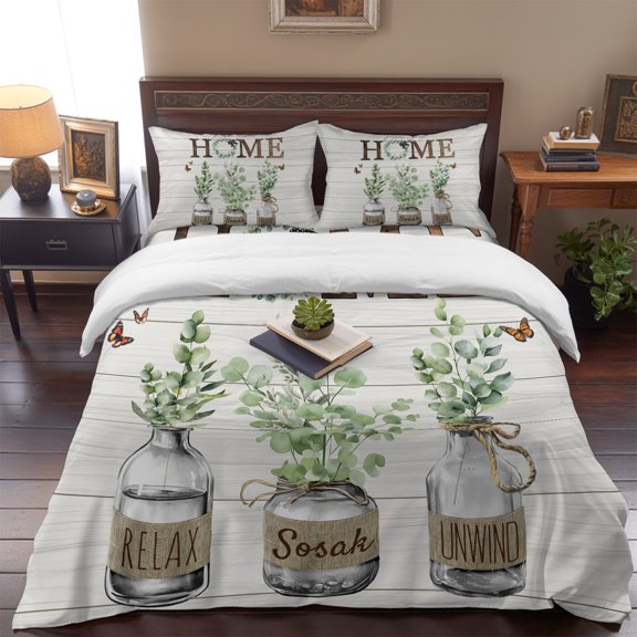 Farmhouse 4 Piece Bedding Set, Home Sweet Home Green Eucalyptus Wood Grain Twin Size Duvet Cover Set with Zipper Closure & Corner Ties Soft Breathable Comforter Cover for Bedroom