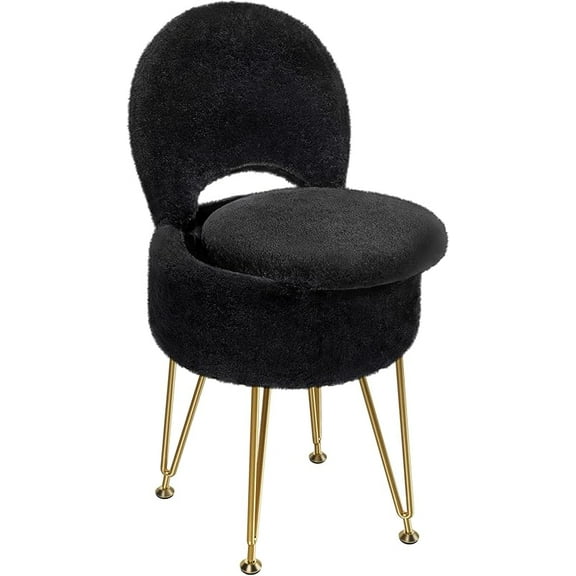 Vanity Stool Chair with Storage and Folding Back, 15.7" x 15.7" x 19.5" Faux Fur Soft Ottoman for Adults, 4 Metal Legs with Anti-Slip Feet, Furry Padded Seat for Makeup, Bedroom, Black