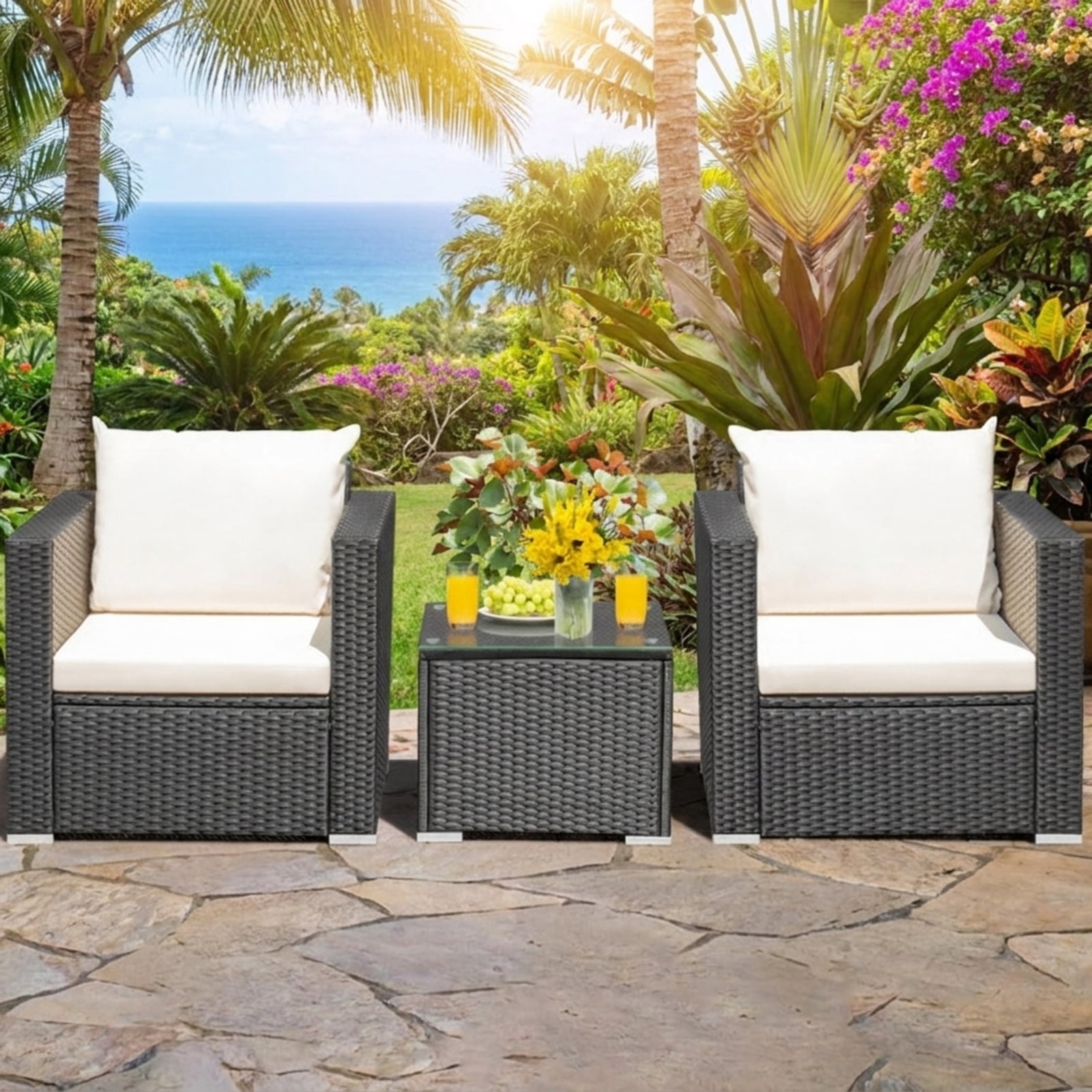 Biotree Patio Furniture Set 3 Piece Wicker Conversation Set with cushions and glass table outdoor conversation set for garden backyard porch balcony, White