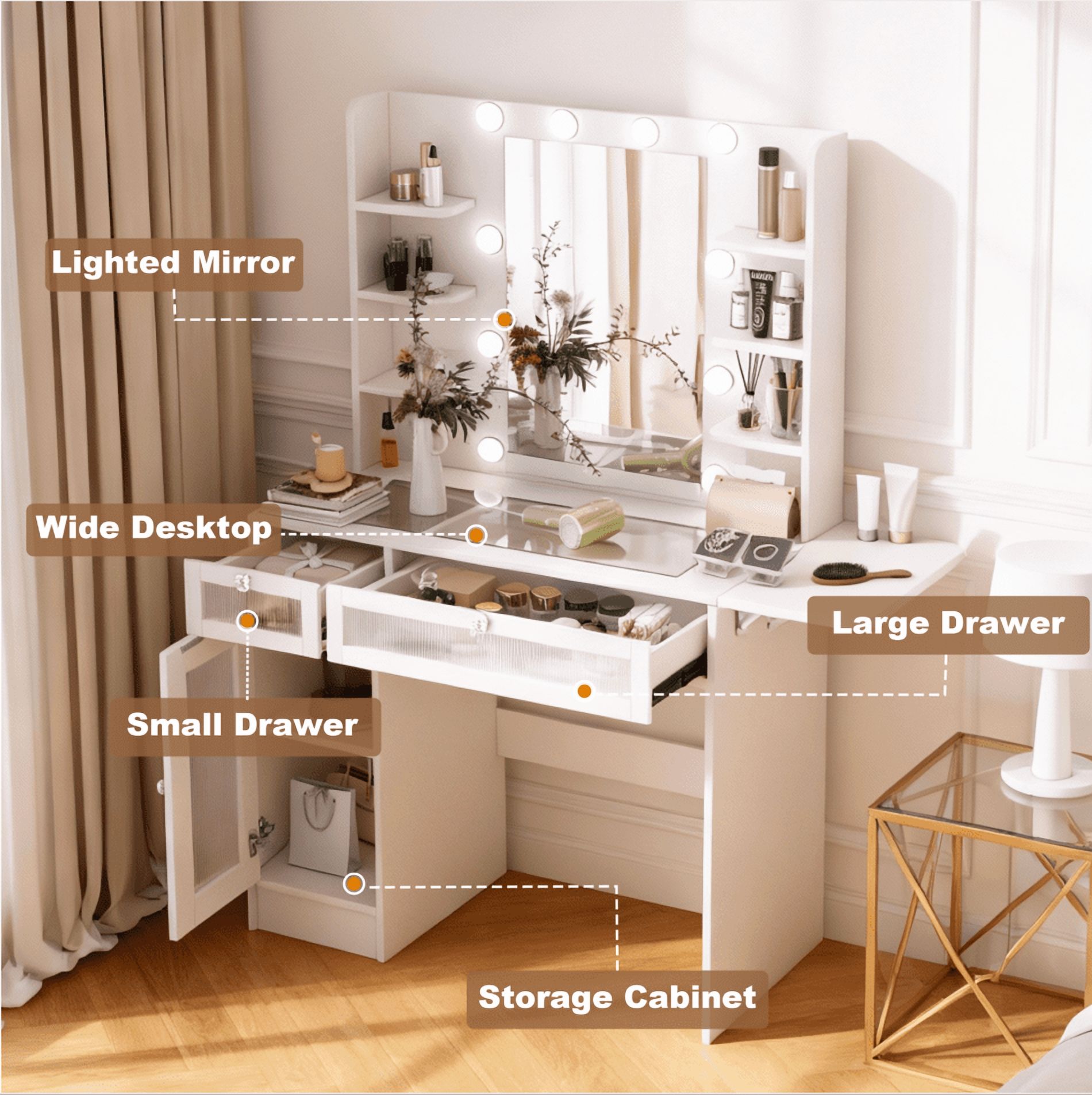 Vanity Desk with Mirror and Lights, Makeup Vanity Desk with Lights 7 Colors, Transparent Top Vanity with 2 Drawers, 6 Shelves, Large Tempered Cabinet, Power Outlet, for Bedroom, White