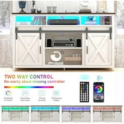 57 Farmhouse Barn Door Coffee Bar Cabinet with LED Light & Outlet & Charging Port, 4-Tier Buffet Cabinet Sideboard Kitchen Storage, White