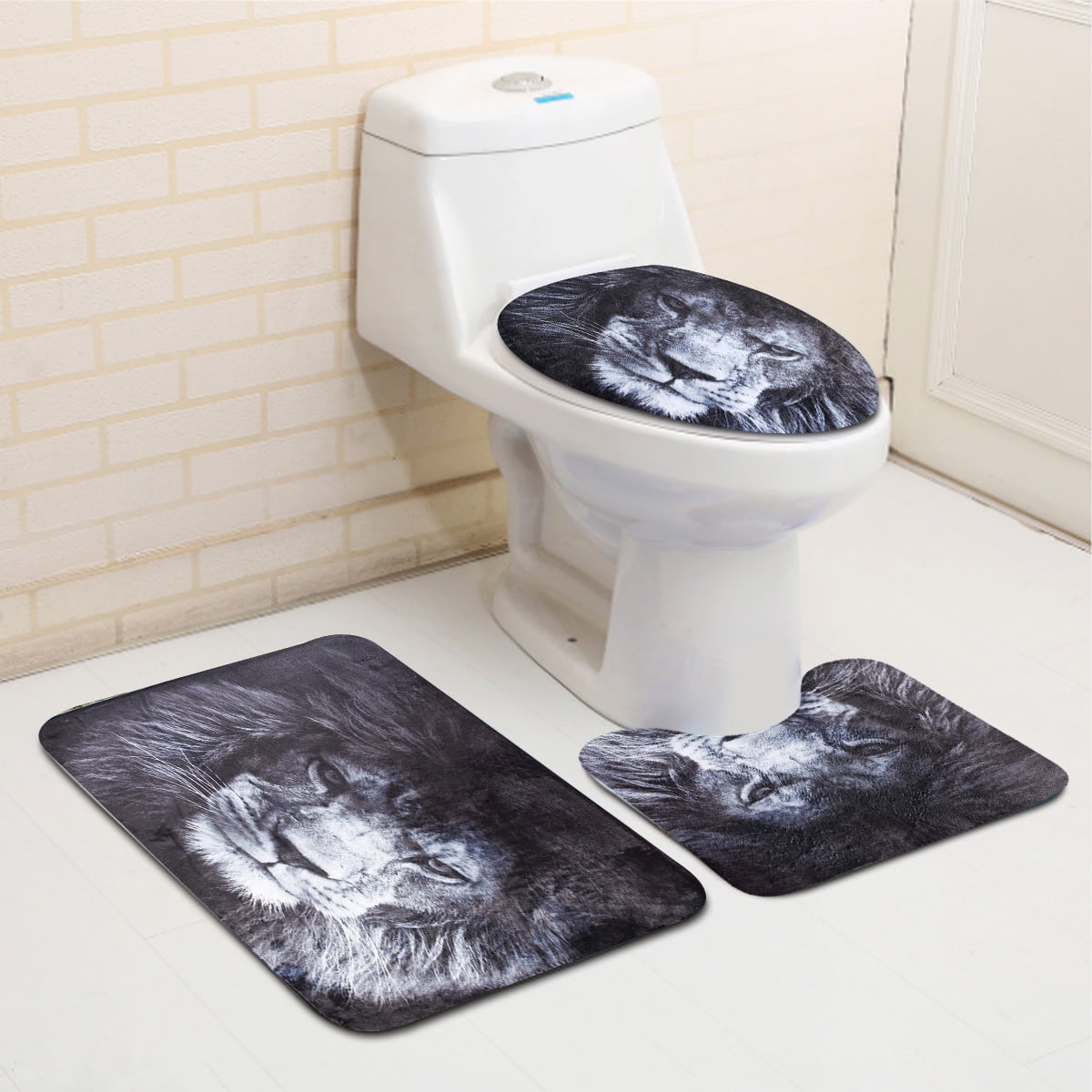 3Pcs Lion Animal Bathroom NonSlip Pedestal Rug + Toilet Seat Lid Cover