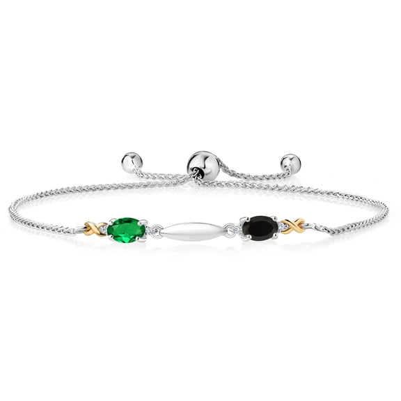 Gem Stone King 0.84 Ct Oval Green Nano Emerald Black Onyx 925 Silver and 10K Yellow Gold Lab Grown Diamond Bracelet for Women