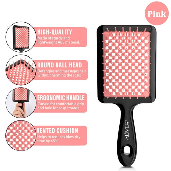 Aliver Wet & Dry Vented Detangling Hair Brush, Anti-static Hairbrush, Quickly Detangles and Smooths Hair, Faster Blow Drying, Hair Styling Brush - Pink