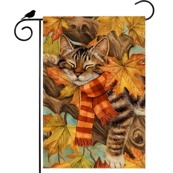 shiyou-Fall Watercolor Maple Leaves Cat Sleeping Tree Autumn Garden Flag Yard Flag 12x18 Inch Double Sided Small Mini Yard Outdoor Outside Farmhouse Holiday Decoration