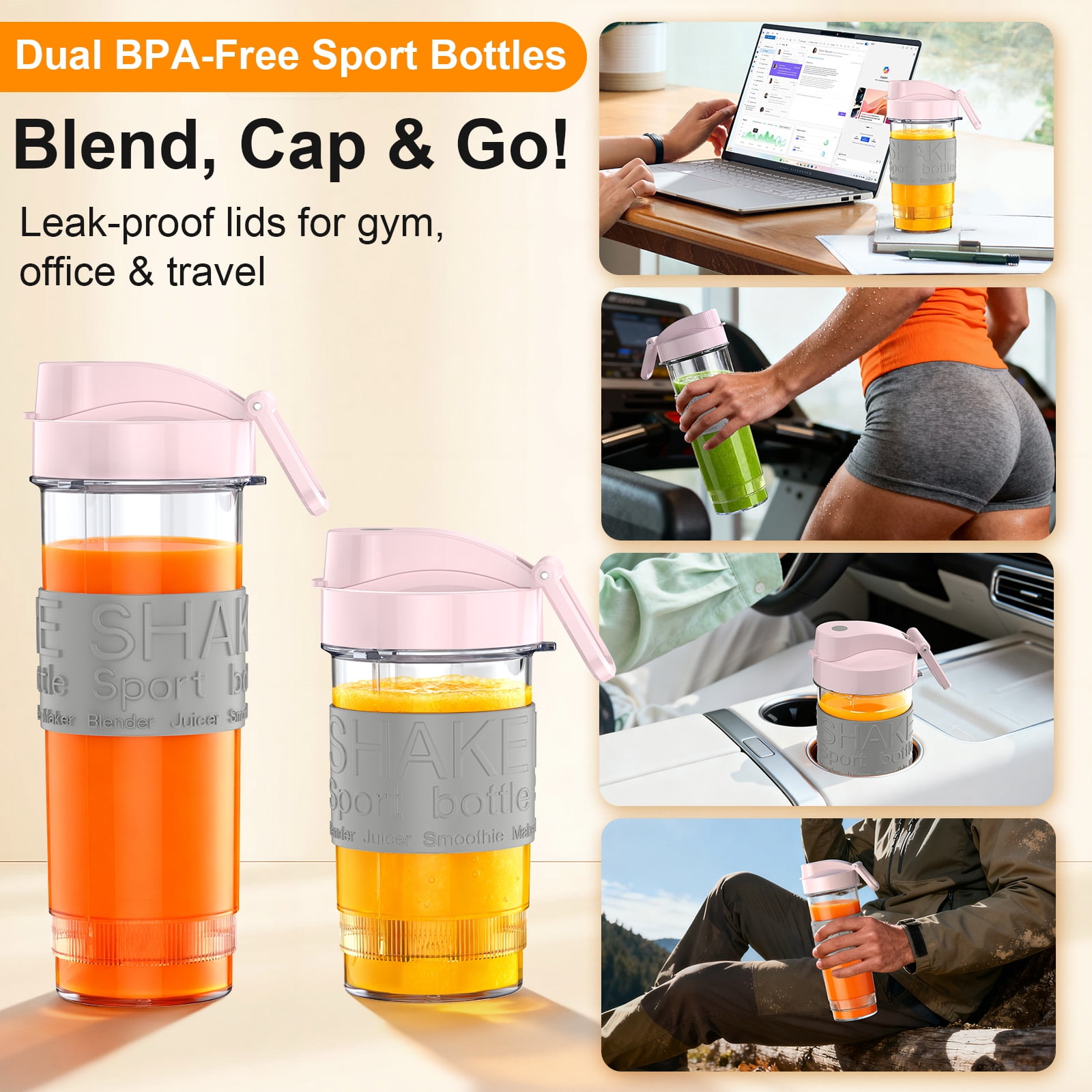 HoninJoy Portable Blender, Compact Personal Blender for-Smoothies, Shakes, Food Prep, and Frozen Blending, 20-oz. Cups and Spout Lids, Grinding Cup