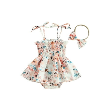 

Newborn Baby Girl Smocked Romper Dress Floral Print Sleeveless Sling Ruched Jumpsuit Bodysuit Vintage Summer Clothes