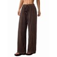 thumbnail image 3 of Women's Striped High Waist Drawstring Wide Leg Loose Casual Trousers with Pockets Dark Brown S, 3 of 9
