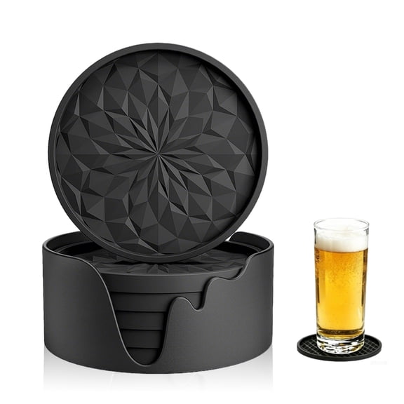 6 Pack Silicone Coasters with Holder, Round Drinking Coasters, Table Cup Mat Desk Coaster for Drinks, Non-Slip Bar Coasters Deep Tray for Hot or Cold Drink