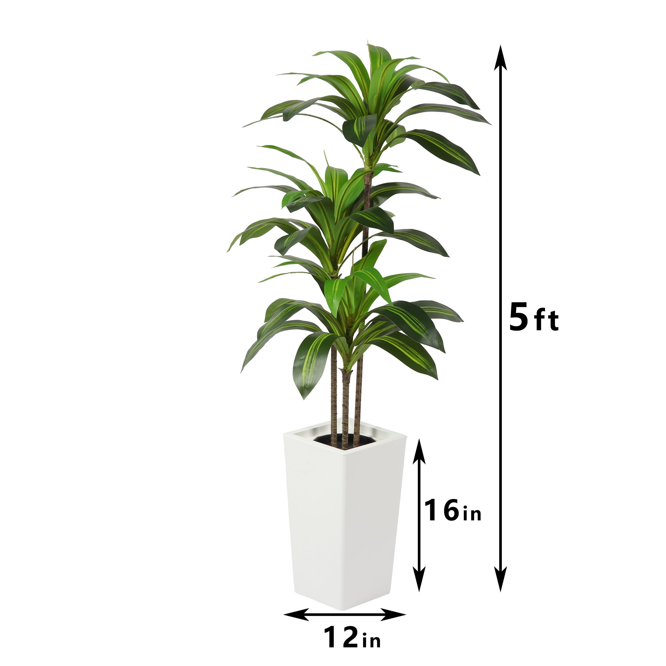 HiPlants 5 FT Artificial Dracaena Plant， Faux Dracaena Tree in White Taper Planter with River Rock, Tall Fake Trees with Adjustable Branches for Indoor Home Decor, Office, Pet-Friendly Spaces