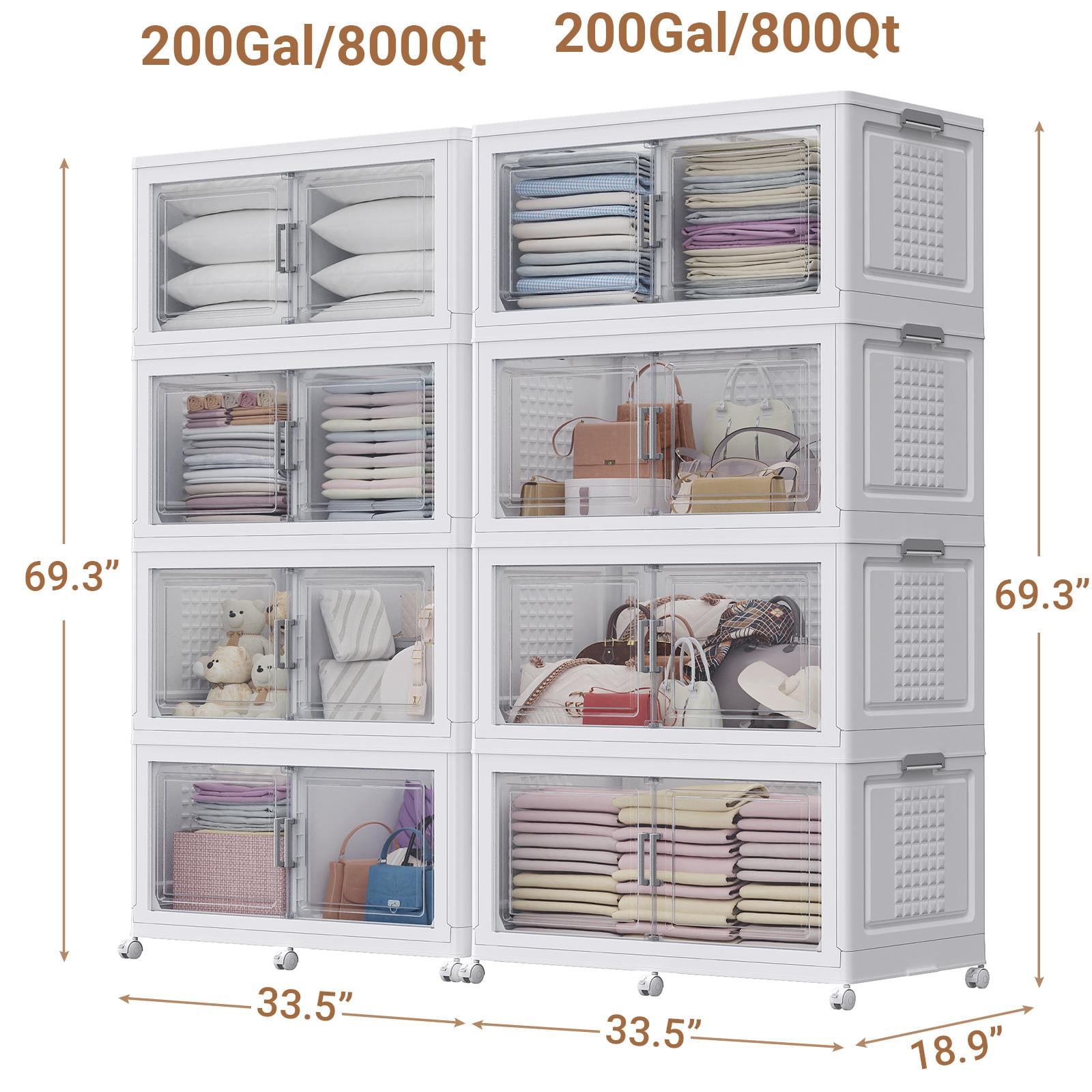 Broview 400Gal Extra Large Stackable Storage Bins with 2 Lids & Wheels, 8Pack Plastic Collapsible Box with Dividers, Closet Organizers Cabinet, White