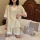 thumbnail image 3 of Pijamas de verano para mujer, conjunto de 2 piezas de encaje con cuello en V y manga corta a cuadros, ropa de dormir informal holgada de servicio a domicilio, 3 of 4