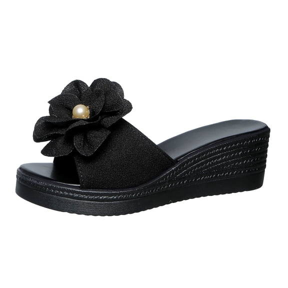 Xfvqtps Wedge Sandals for Women Slide Floral Pearl Chunky Sole Spring Summer Casual Comfortable Outdoor Shoes