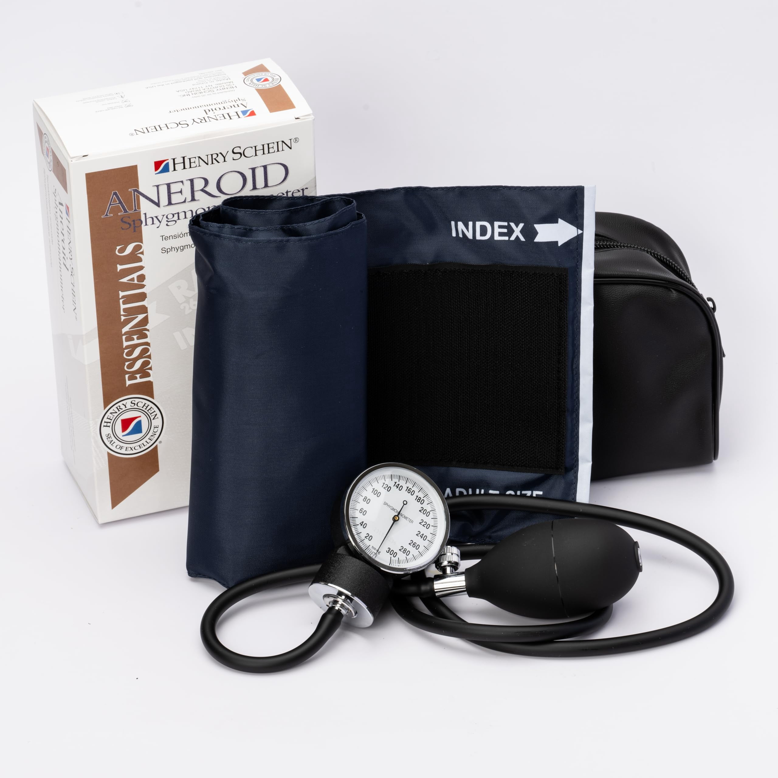 Henry Schein Essentials Economy Aneroid Sphygmomanometer-Large Adult, Size 12, Navy, Latex, Reusable- Comes with Leatherette Carry Case