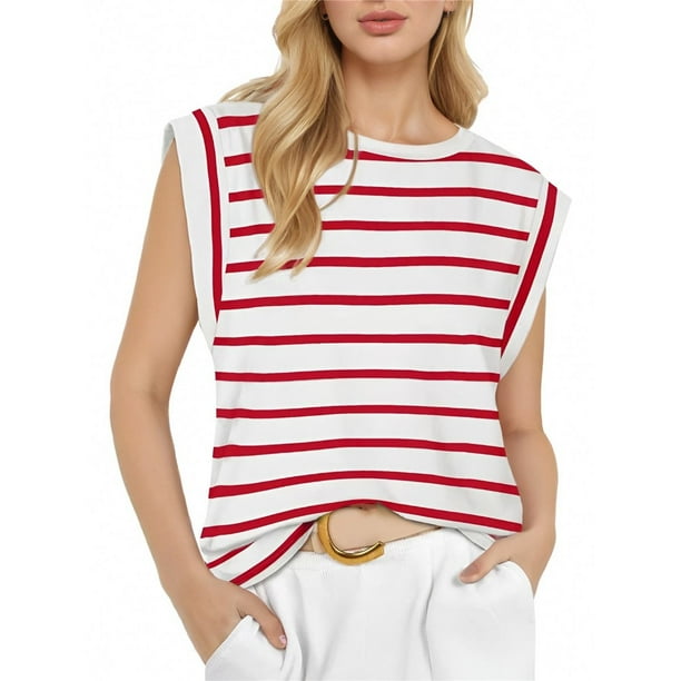Camiseta Sin Mangas Informal de Verano para Mujer, Rayas Rojas, XXL