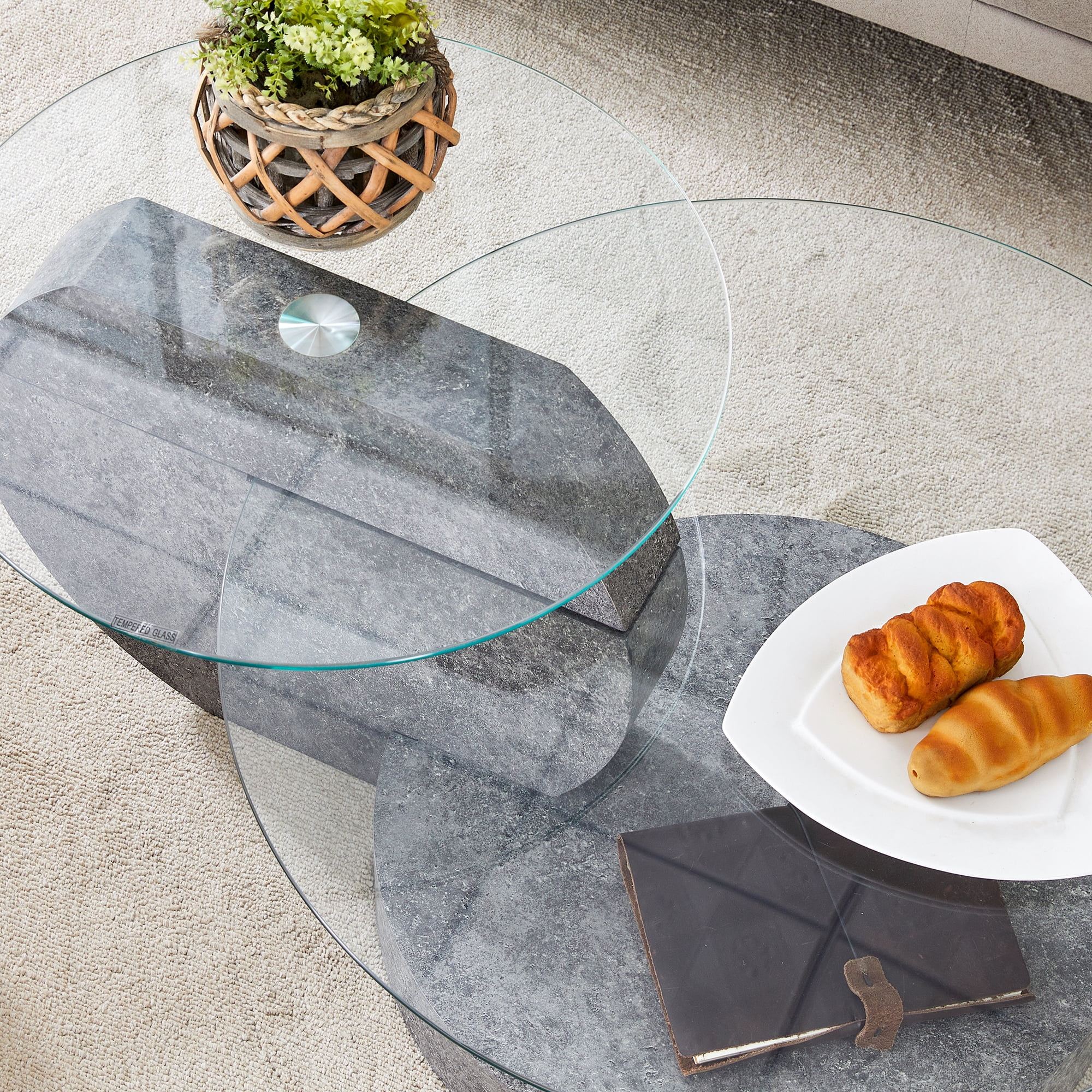 JUFU 35.4" Glass Coffee Table, Modern Round Coffee Table with MDF double-layer Gray Stone Texture Base, 2-Tier Tempered Glass Top, Easy to Assemble, Ideal for Living Room, Small Space, Home Office