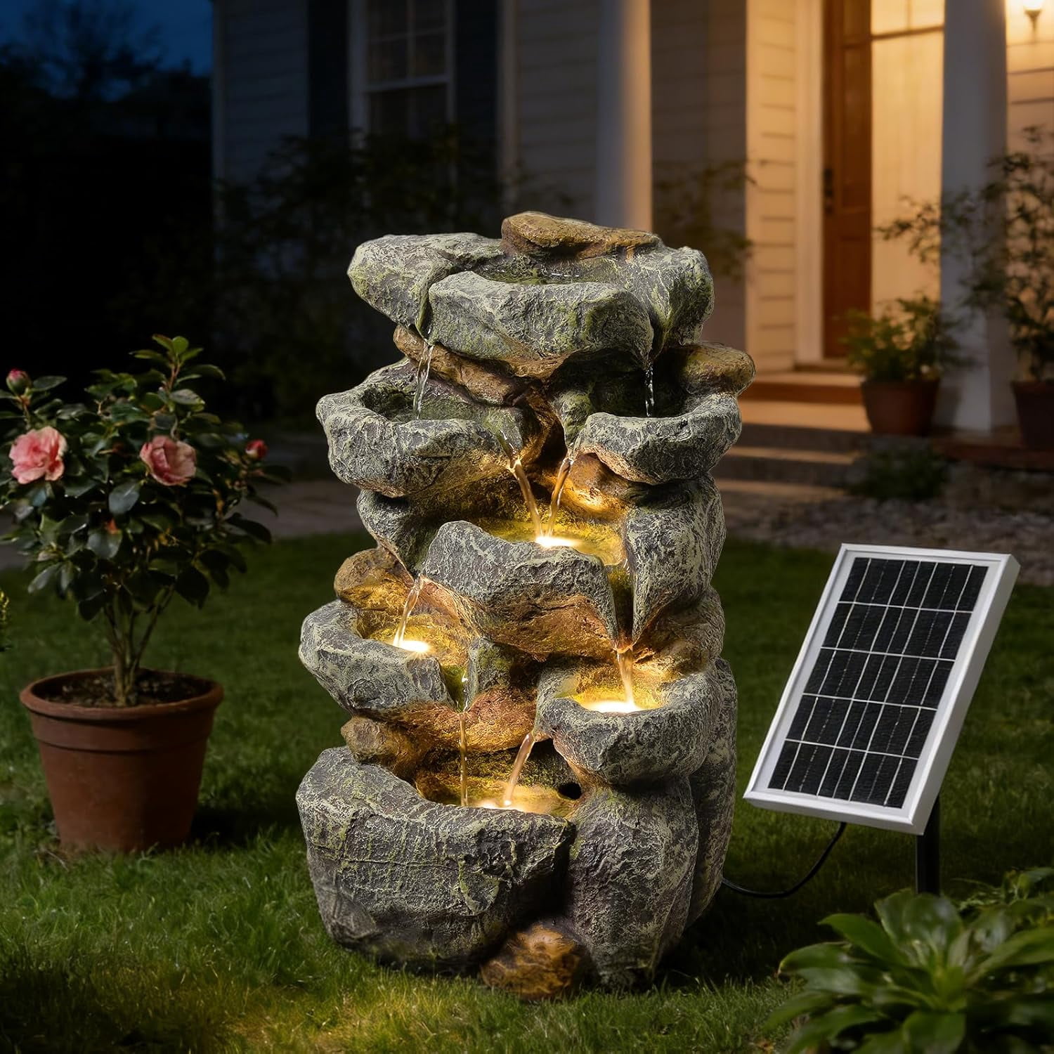 Solar Water Fountain Outdoor Garden,5 Tiered Cascading Rock Solar Powered Water Fountain Water Fall Fountains Outside with Lights for Backyard, Patio, Deck, Porch, 19.3" H x 12.2" L x 9.5" W