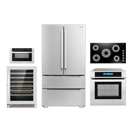 Cosmo 5 Piece Kitchen Appliance Package With 30  Electric Cooktop 24  48 Bottle Freestanding Wine Refrigerator 24  Single Electric Wall Oven 24.4  Built-in Microwave & French Door Refrigerator