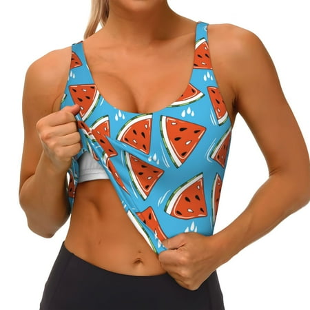 Qokaie Cartoon Watermelon Pattern Womens Scoop Neck Sports Bra Breathable Workout Vest Padded U Back Medium Impact Fitness Gym Yoga Bra Workout Crop Top
