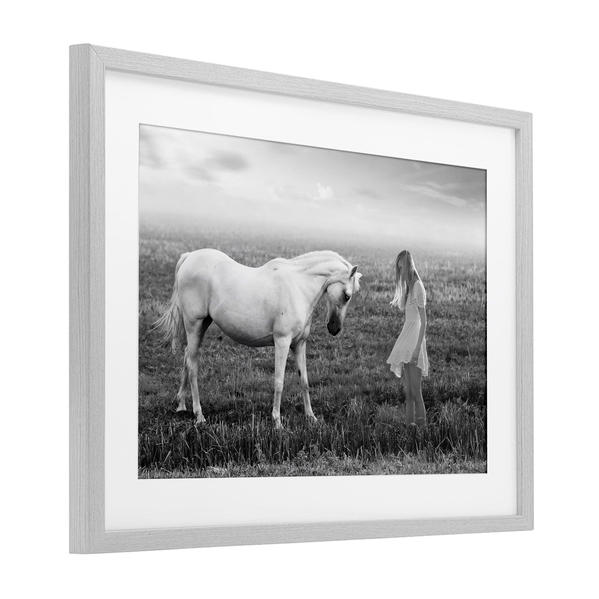 Her White Horse Gray Framed Print Under Glass, design by Ata Alishahi