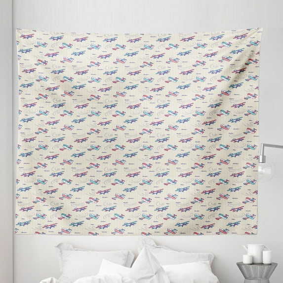 Vintage Airplane Tapestry, Colorful Aircrafts on Notebook Background Adventure Exploration Theme, Fabric Wall Hanging Decor for Bedroom Living Room Dorm, 5 Sizes, Multicolor, by Ambesonne