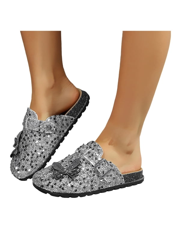Clogs for Women Sparkly Sequin Cork Footbed Sandals Closed Toe Slip on Platform Slippers Trendy Outdoor Dress Shoes Silver Size 6.5