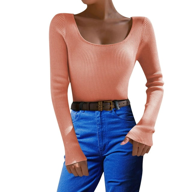 Gibobby Suéter para mujer, Suéter de cuello redondo para mujer, casual, manga larga, color sólido, punto grueso, suéter suave(Naranja,XG)